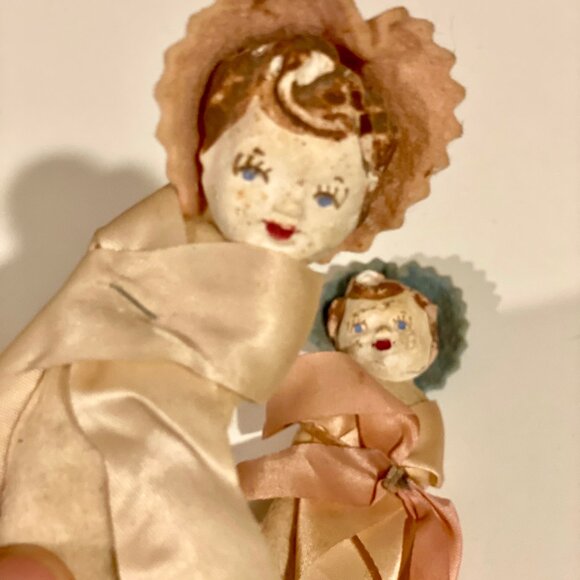 Vintage Set of 2 Baby Dolls - Painted Plaster Faces & Ribbon/Felt Wrapped Bodies - Picture 5 of 6